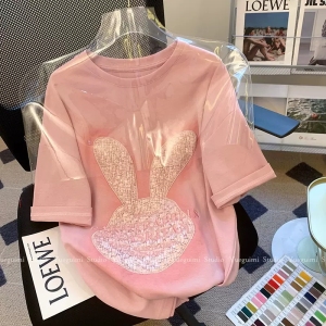 RM16370#纯棉后包条200克精梳紧密 新款短袖t恤女印花 天猫抖音质量