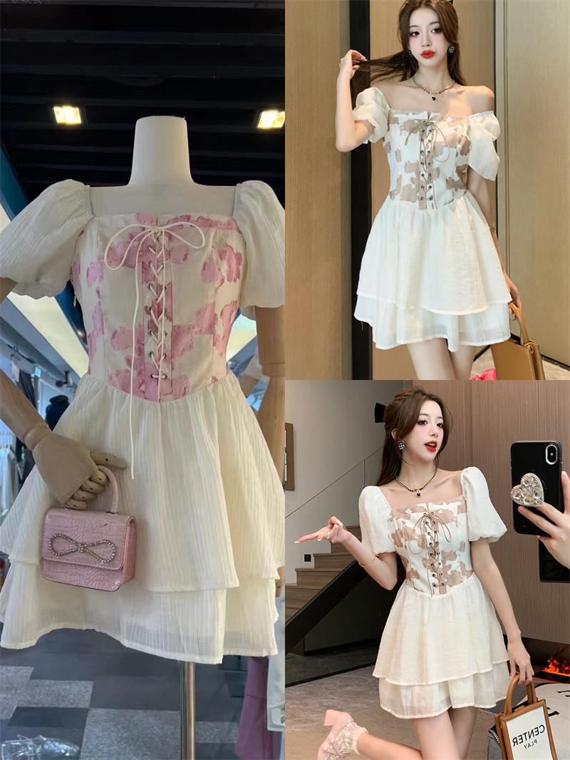 South Korea's 2023 summer new clothing women's French floral puff sleeve waist temperament age-reducing dress