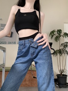 RM17678#比基尼腰头假两件高腰牛仔裤女夏季辣妹设计感显瘦直筒裤