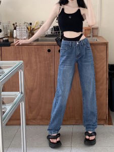 RM17678#比基尼腰头假两件高腰牛仔裤女夏季辣妹设计感显瘦直筒裤