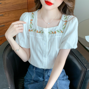 RM19460#夏季新款甜美宽松法式方领刺绣设计感别致短袖蕾丝衬衫