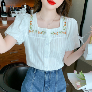 RM19460#夏季新款甜美宽松法式方领刺绣设计感别致短袖蕾丝衬衫