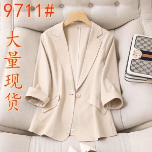 RM15744#春夏新款韩版天丝亚麻小西装外套女薄款杏色七分袖修身西服女上衣