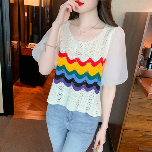 RM18451#彩虹条纹镂空针织针织衫2023夏季设计感泡泡袖小衫上衣女