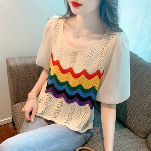 RM18451#彩虹条纹镂空针织针织衫2023夏季设计感泡泡袖小衫上衣女