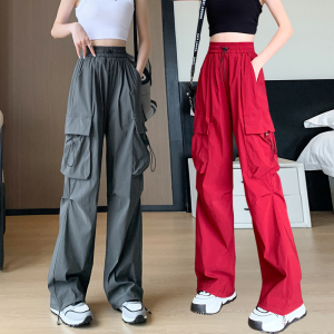 RM16530# 美式复古高腰系带速干工装裤女2023夏宽松防晒裤冲锋裤束脚休闲裤