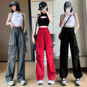 RM16530# 美式复古高腰系带速干工装裤女2023夏宽松防晒裤冲锋裤束脚休闲裤