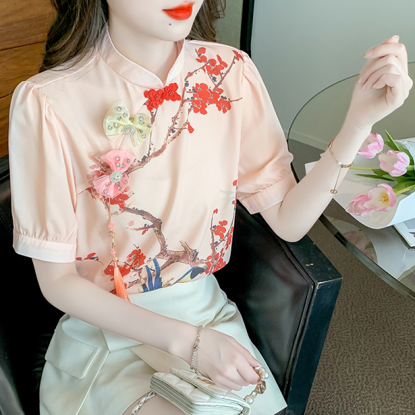 RM15305#夏季短袖甜美上衣韩版套头通勤印花设计感植物花卉衬衫