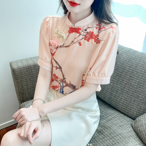 RM15305#夏季短袖甜美上衣韩版套头通勤印花设计感植物花卉衬衫