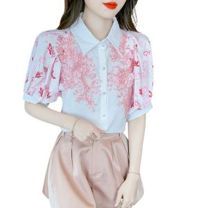 RM15306#短袖夏季衬衫重工镶钻上衣修身显瘦休闲泡泡袖单排扣女装