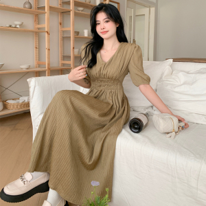 RM19394#大码女装2023夏季新款简约气质通勤V领高腰泡泡袖遮肉显瘦连衣裙