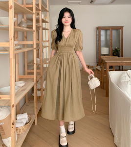 RM19394#大码女装2023夏季新款简约气质通勤V领高腰泡泡袖遮肉显瘦连衣裙
