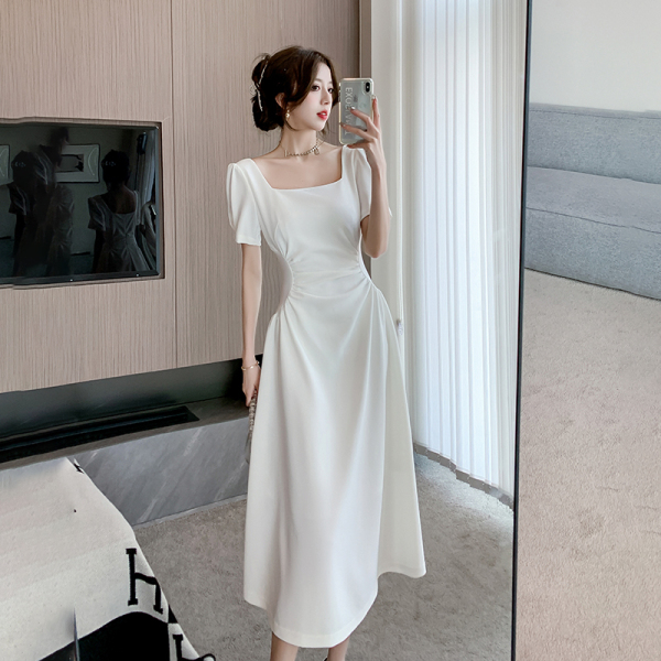 RM15129#白色连衣裙2023夏新款方领收腰显瘦气质女神范领证小白裙