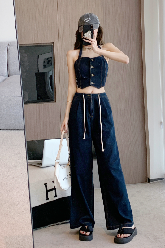 Real shot and real price 2023 new retro denim suit for women, age-reducing camisole, loose wide-leg pants and trousers two-piece set
