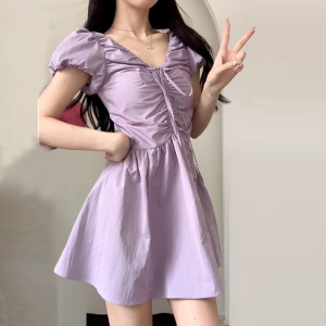 TR40900# 法式初恋紫色v领连衣裙女新款夏季小个子绝美温柔风长裙仙气 服装批发女装批发服饰货源