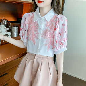 RM15306#短袖夏季衬衫重工镶钻上衣修身显瘦休闲泡泡袖单排扣女装
