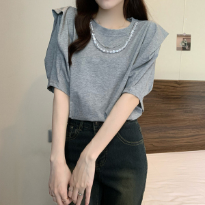 TR35132# 32支棉拉架夏装韩版宽松圆领灯笼袖挂饰大码短袖T恤女 服装批发女装批发服饰货源