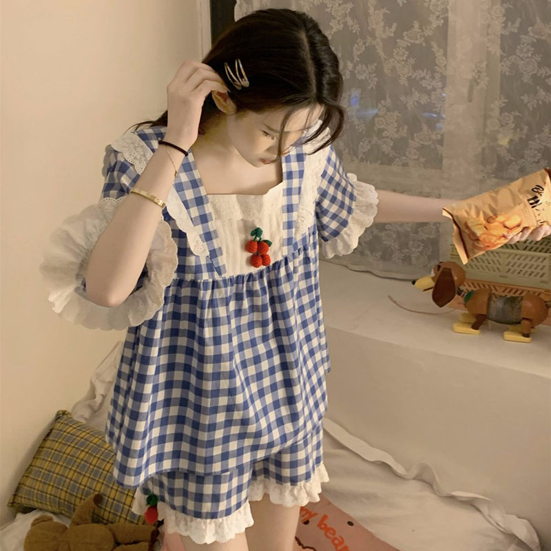 Cute student pajamas women's summer 2023 new summer short-sleeved shorts pullover plaid home service net red style