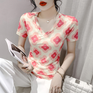 RM23866#夏季时尚纱网印花短袖V领T恤修身显瘦洋气上衣潮实