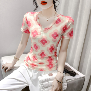 RM23866#夏季时尚纱网印花短袖V领T恤修身显瘦洋气上衣潮实