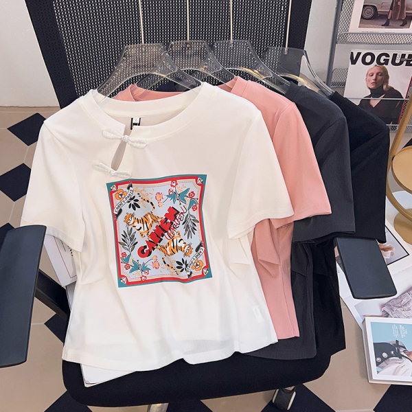 RM14896#夏装新款胖mm美式设计感显瘦新中式印花圆领短袖T恤