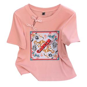 RM14896#夏装新款胖mm美式设计感显瘦新中式印花圆领短袖T恤