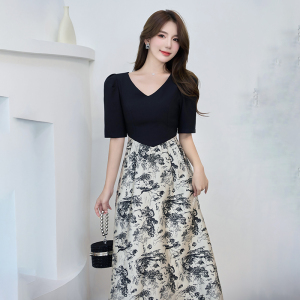 RM15022#水墨山河夏季法式收腰连衣裙拼接洋气裙子国风高级感轻奢长裙