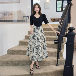 RM15022#水墨山河夏季法式收腰连衣裙拼接洋气裙子国风高级感轻奢长裙