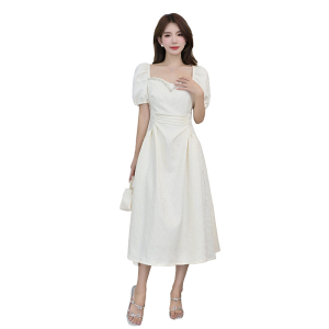 RM15024#法式收腰提花连衣裙女夏季高级感镶钻重工方领泡泡袖公主裙
