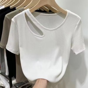 RM15051#夏季新款韩版大U领露背小心机收腰短款T恤女性感时髦短袖