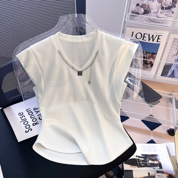 RM16997#夏装新款韩版飞袖不规则短袖T恤链条装饰上衣打底外穿