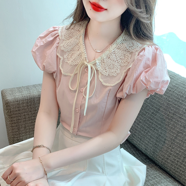 RM19461#夏季新款韩版设计感复古蕾丝娃娃领收腰泡泡袖雪纺衬衫