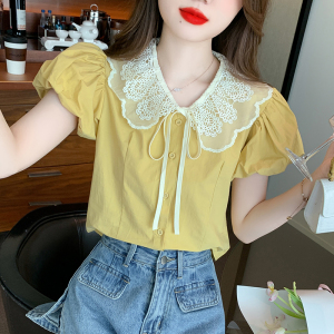 RM19461#夏季新款韩版设计感复古蕾丝娃娃领收腰泡泡袖雪纺衬衫