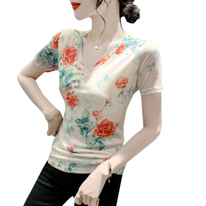 RM23865#夏季时尚纱网印花定位花短袖V领修身显瘦洋气上衣潮