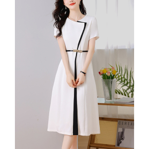 RM16566#大码女装连衣裙2023夏季新款高级感法式拼接气质白色显瘦中长裙子