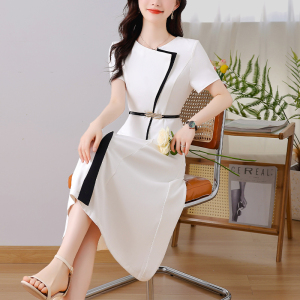 RM16566#大码女装连衣裙2023夏季新款高级感法式拼接气质白色显瘦中长裙子