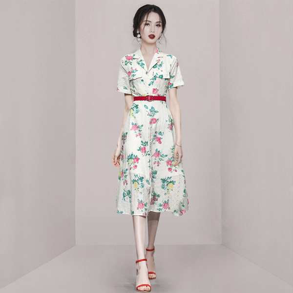 RM15087#夏季新款淑女小西装翻领短袖收腰复古印花气质茶歇连衣裙