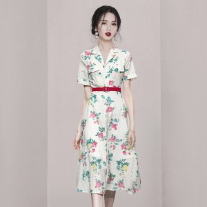 RM15087#夏季新款淑女小西装翻领短袖收腰复古印花气质茶歇连衣裙