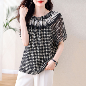 RM15594#夏季套头雪纺蕾丝衫/雪纺衫圆领韩版短袖