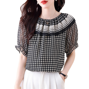 RM15594#夏季套头雪纺蕾丝衫/雪纺衫圆领韩版短袖