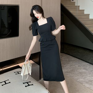TR35861# 黑色连衣裙女夏季新款方领气质赫本风假两件通勤长裙 服装批发女装服饰货源