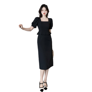 TR35861# 黑色连衣裙女夏季新款方领气质赫本风假两件通勤长裙 服装批发女装服饰货源