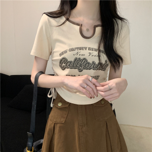 RM15181# 夏季新款抽绳撞色polo短袖领印花字母T恤女