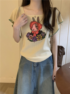 RM15182#夏季新款兔子刺绣图案飞飞袖针织衫女上衣