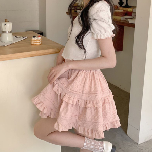 RM18357#夏季新款日系高腰蛋糕裙木耳花边A字半身裙女