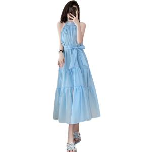 RM16797#蓝色挂脖吊带连衣裙子女