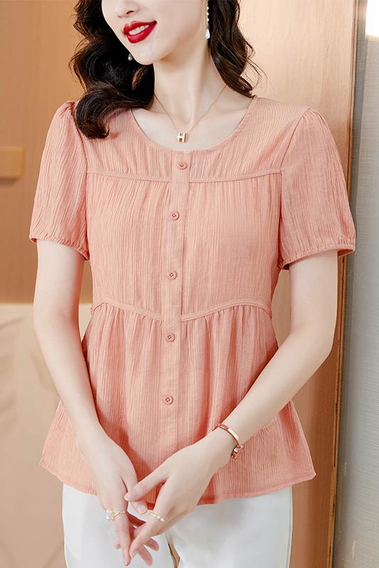 天絲棉麻短袖襯衫女夏季薄款氣質減齡洋氣大碼上衣寬松休閑遮肚子
