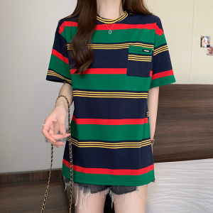 TR35133# 夏装韩版圆领条纹口袋中长款短袖T恤女 服装批发女装批发服饰货源