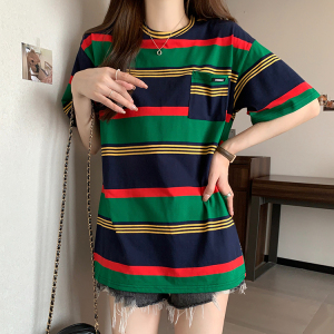 TR35133# 夏装韩版圆领条纹口袋中长款短袖T恤女 服装批发女装批发服饰货源