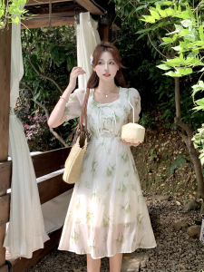 RM17930#大码女装夏装新款胖mm法式气质盘扣蝴蝶结高腰显瘦印花连衣裙